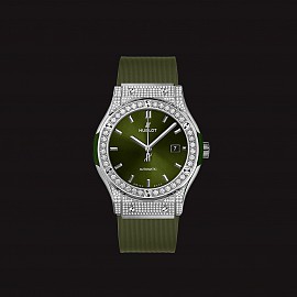 Hublot Classic Fusion Titanium Green Pave Diamonds 38mm Dây Cao Su Cao Su
