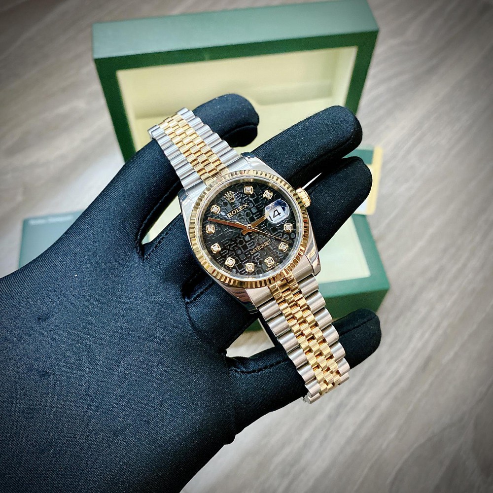 Rolex Datejust 36 116233 Demi Yellow Gold Mặt Vi Tính Đen