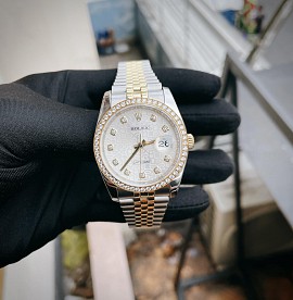 Rolex Datejust 36mm 116243 Demi Vàng Chanh Mặt Vi Tính Trắng Cọc Kim Cương Vành Kim Cương Zin Hãng
